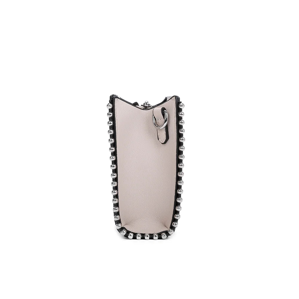Élégance Perlée beige de profil : format plat de 5 cm de profondeur souligné de perles argentées – réf. R-1559