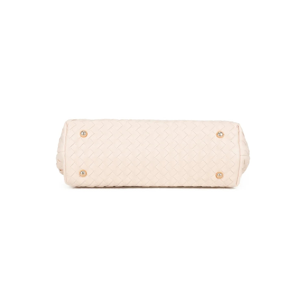 Dessous du sac Émeraude Douce beige, posé sur de petits pieds métalliques dorés qui protègent la base – réf. DG-5809