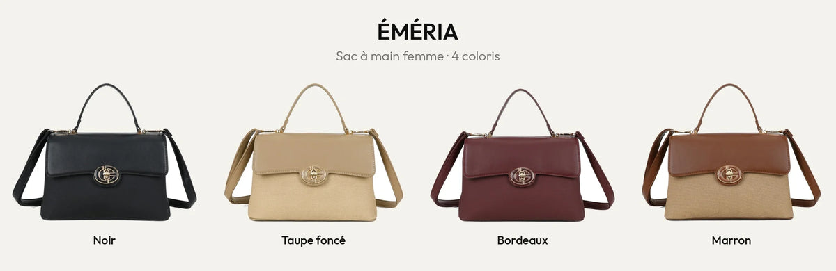 Sac à main Éméria en 4 coloris : Noir, Taupe foncé, Bordeaux et Marron – Gallantry Paris – réf. R-1998-1