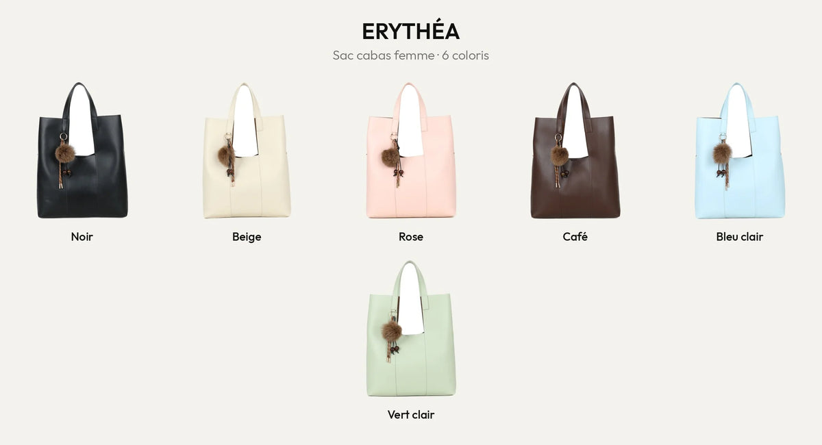 Sac cabas femme Erythéa en 6 coloris : Noir, Beige, Rose, Coffee, Bleu clair et Vert clair – Gallantry Paris – réf. R-2027