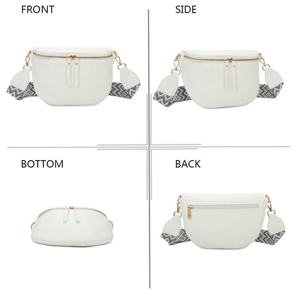 L’Essentiel blanc sous quatre angles : face, profil, dessous et dos du sac banane – réf. Z-83051
