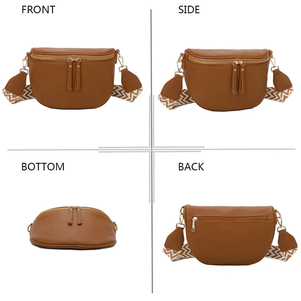 L’Essentiel camel sous quatre angles : face, profil, dessous et dos du sac banane – réf. Z-83051