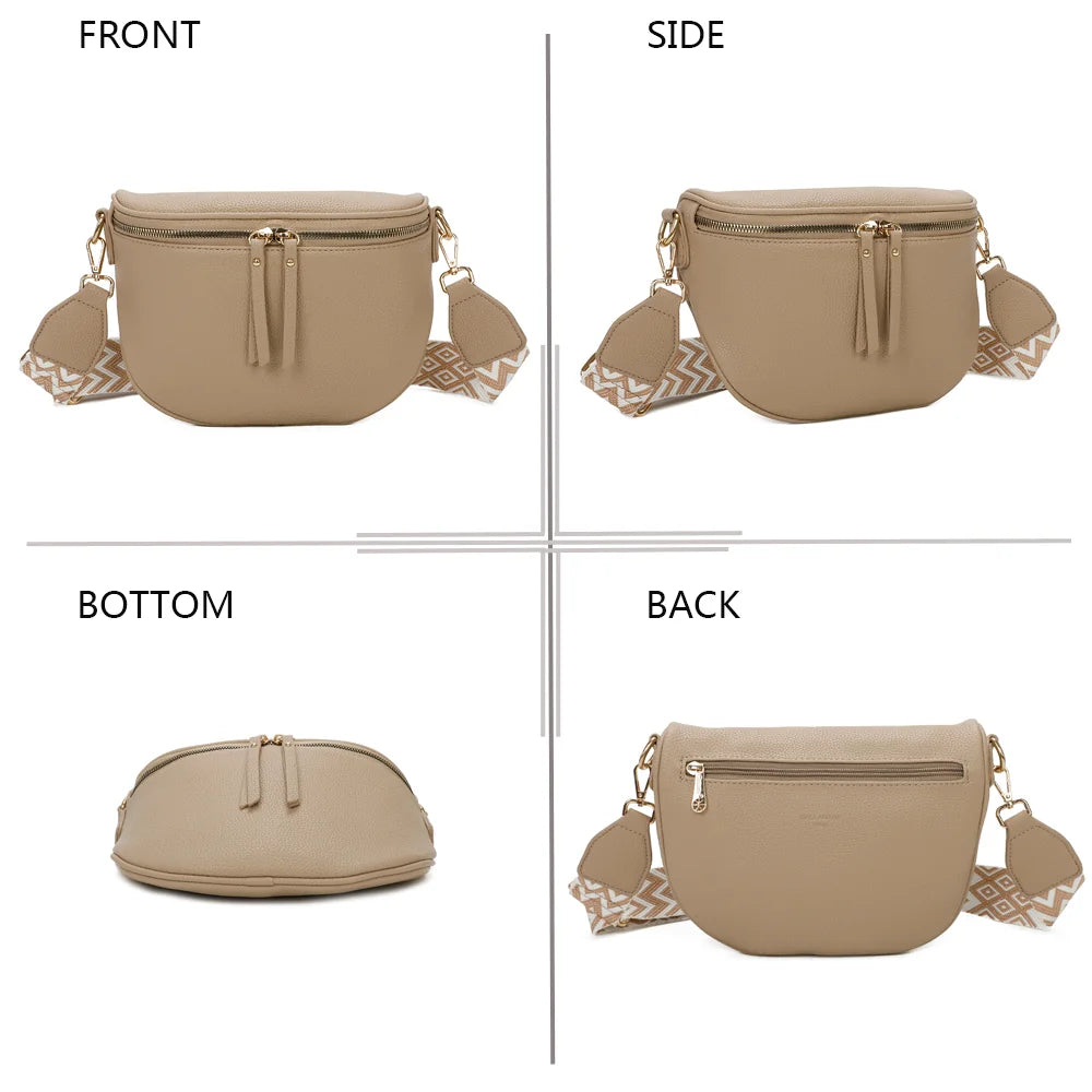 L’Essentiel champagne sous quatre angles : face, profil, dessous et dos du sac banane – réf. Z-83051