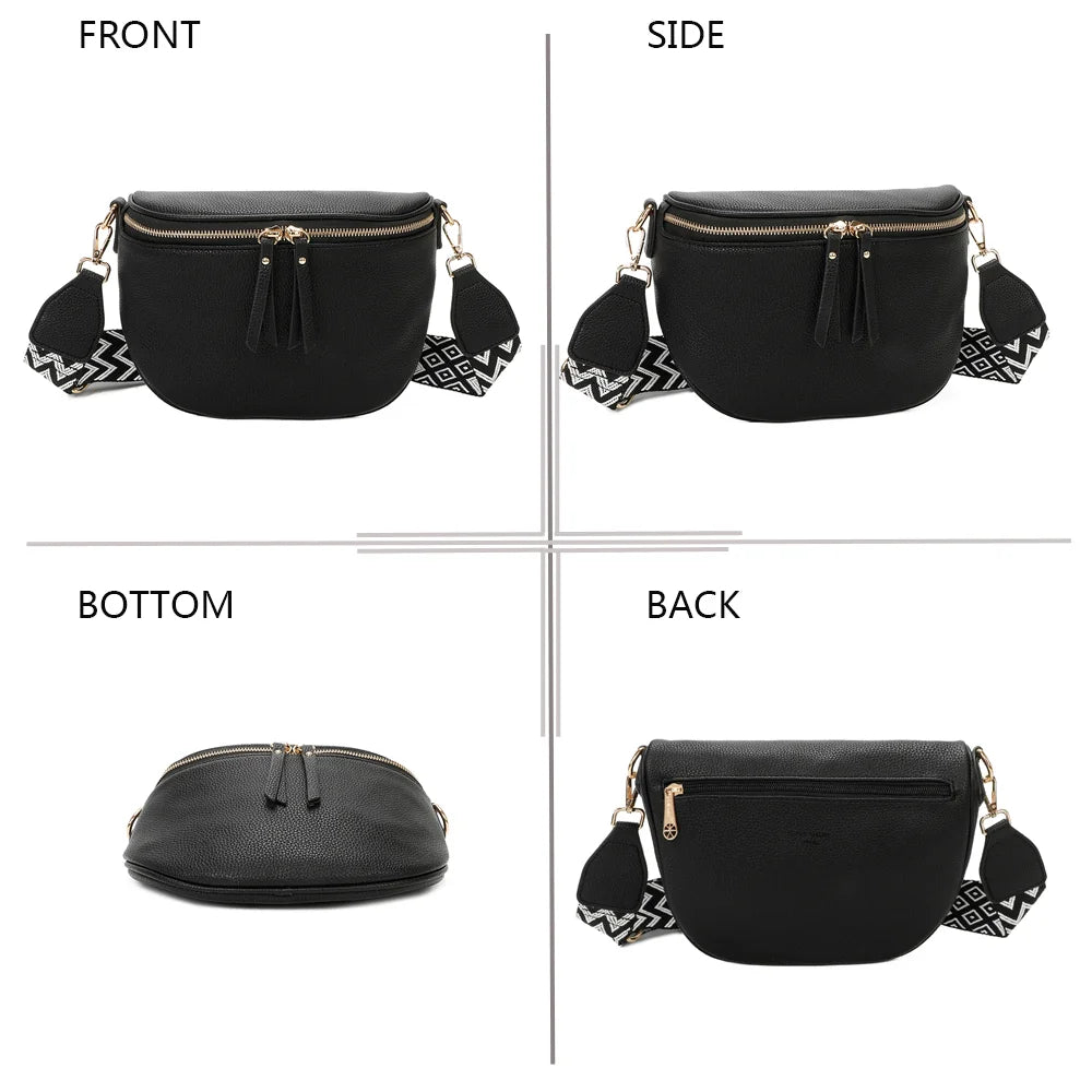 L’Essentiel noir sous quatre angles : face, profil, dessous et dos du sac banane – réf. Z-83051