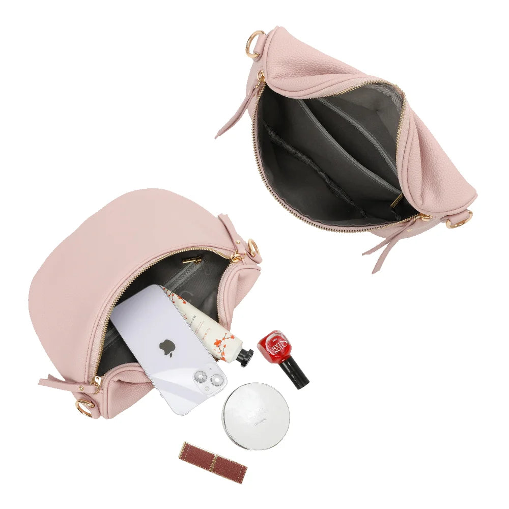 Intérieur de l’Essentiel rose : compartiment zippé doublé qui accueille smartphone et poudrier – réf. Z-83051