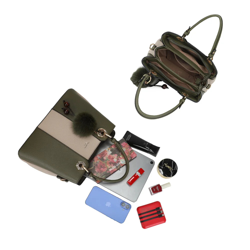 Intérieur du Fiora Pop vert foncé : trois compartiments pour organiser téléphone, tablette et maquillage – réf. M-9354-3