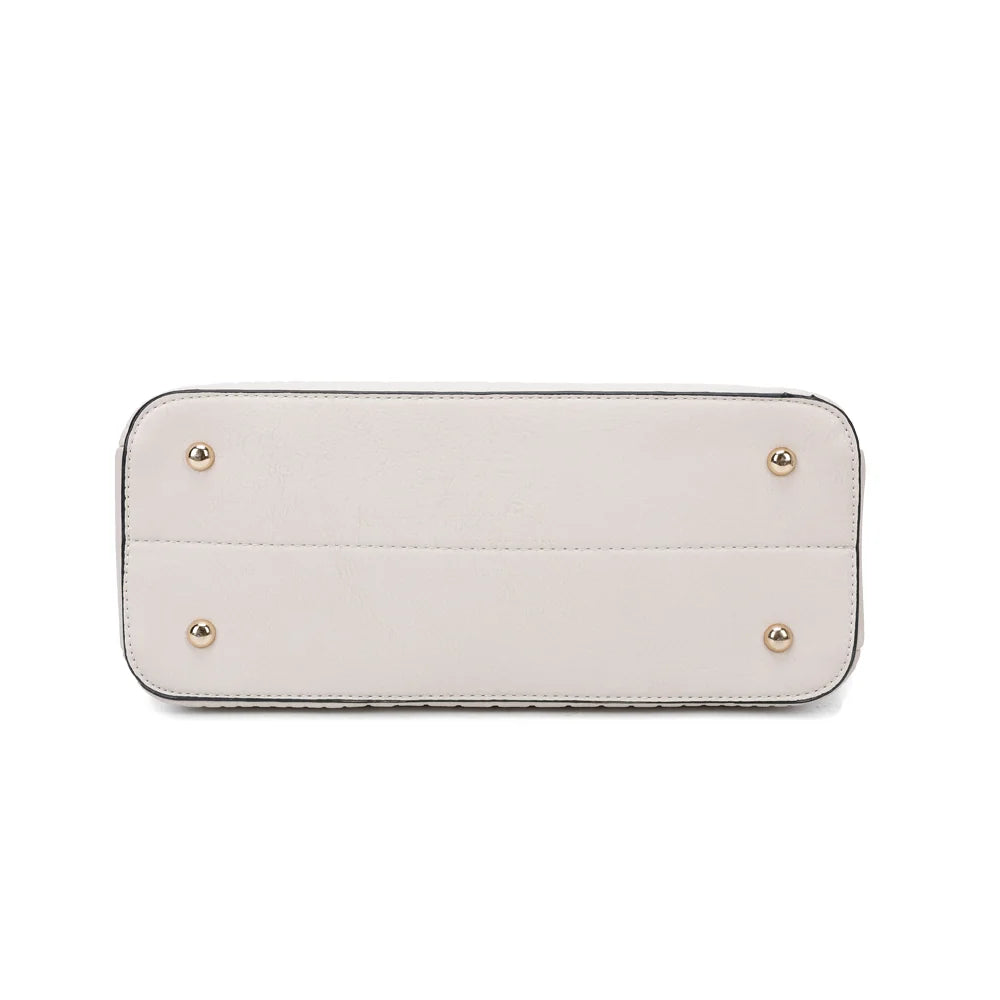 Vue de dessous du Fiora beige, sac à main structuré en simili cuir embossé façon croco – réf. M-9354