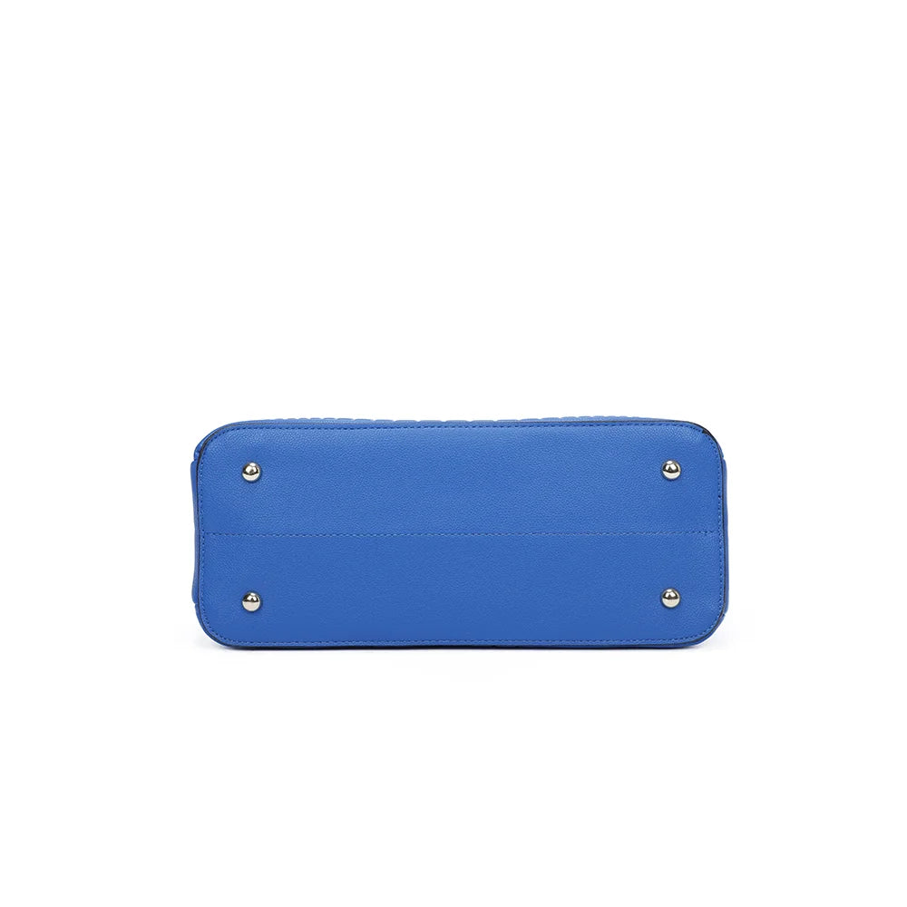 Vue de dessous du Fiora bleu, sac à main structuré en simili cuir embossé façon croco – réf. M-9354