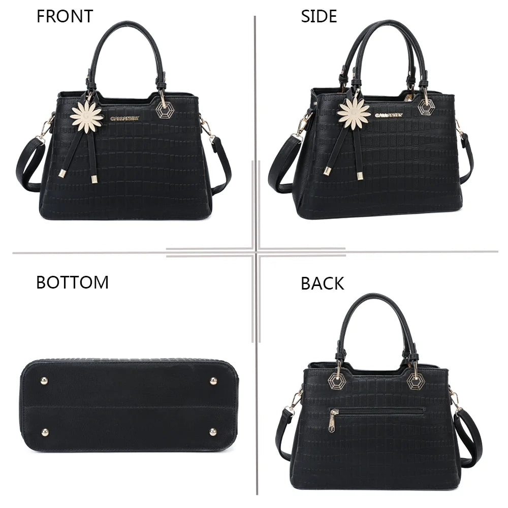 Fiora noir sous quatre angles : face, côté, dessous et dos du sac à main embossé – réf. M-9354