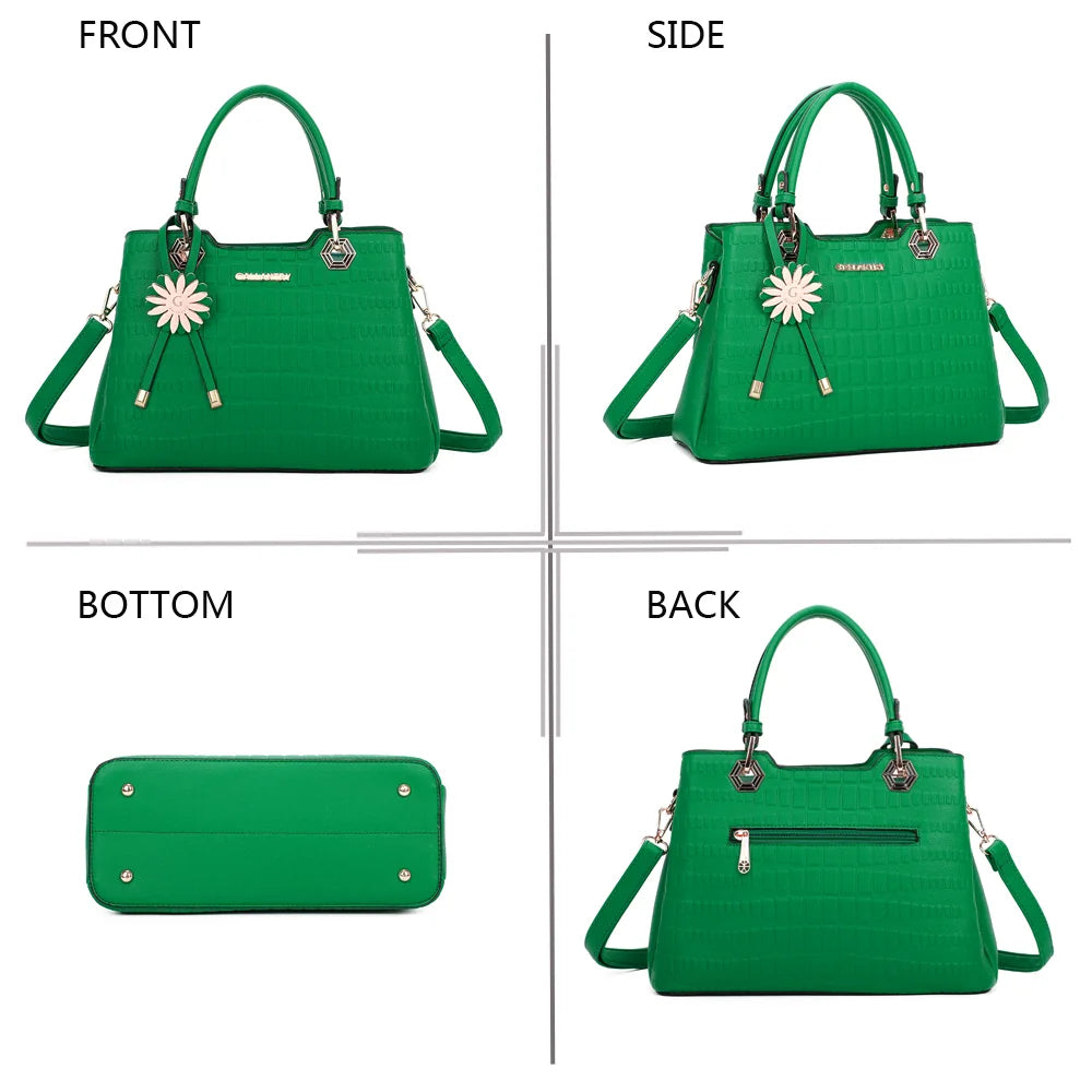 Fiora vert sous quatre angles : face, côté, dessous et dos du sac à main embossé – réf. M-9354