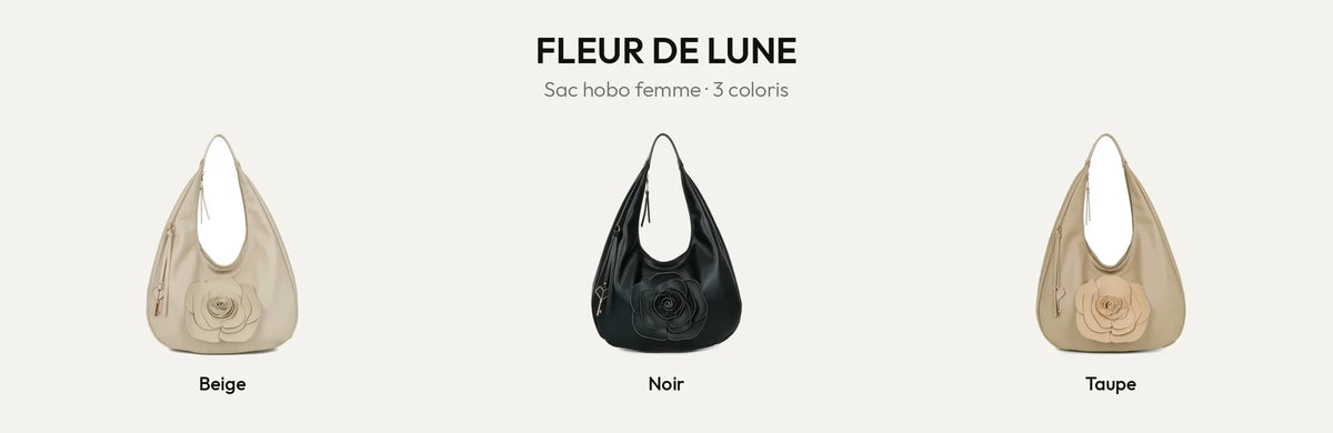Sac hobo femme Fleur de Lune en Beige, Noir et Taupe, rose en relief – Gallantry Paris – réf. G-7494