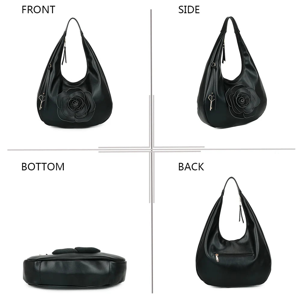Le Fleur de Lune noir sous quatre angles : face, côté, dessous et dos zippé – réf. G-7494