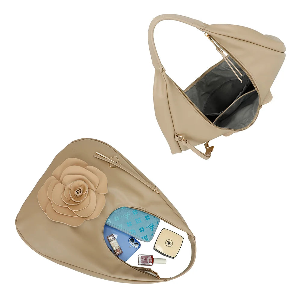 Intérieur du Fleur de Lune taupe ouvert : fermeture zippée et compartiments doublés – réf. G-7494