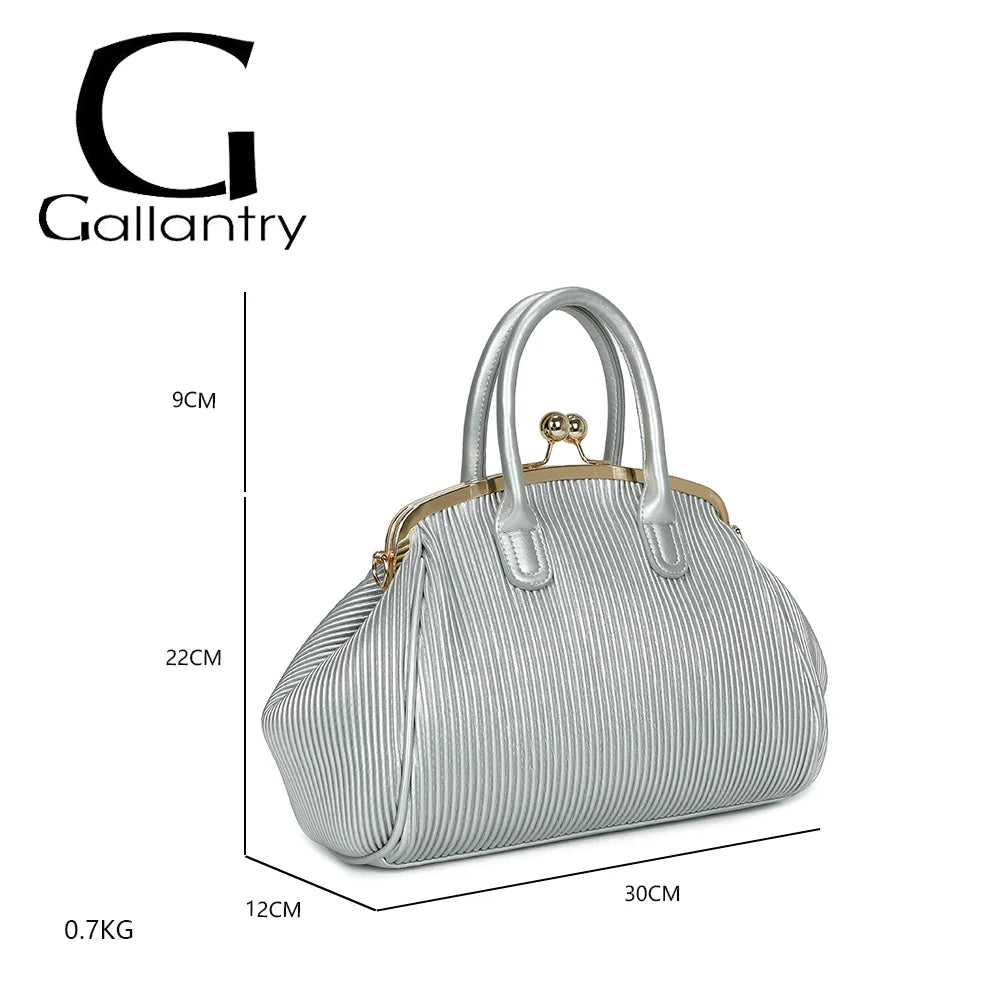Dimensions du Gabrielle Retro argent : 30 × 12 × 22 cm, anses de 9 cm de hauteur, poids 0,7 kg – réf. R-1691-1