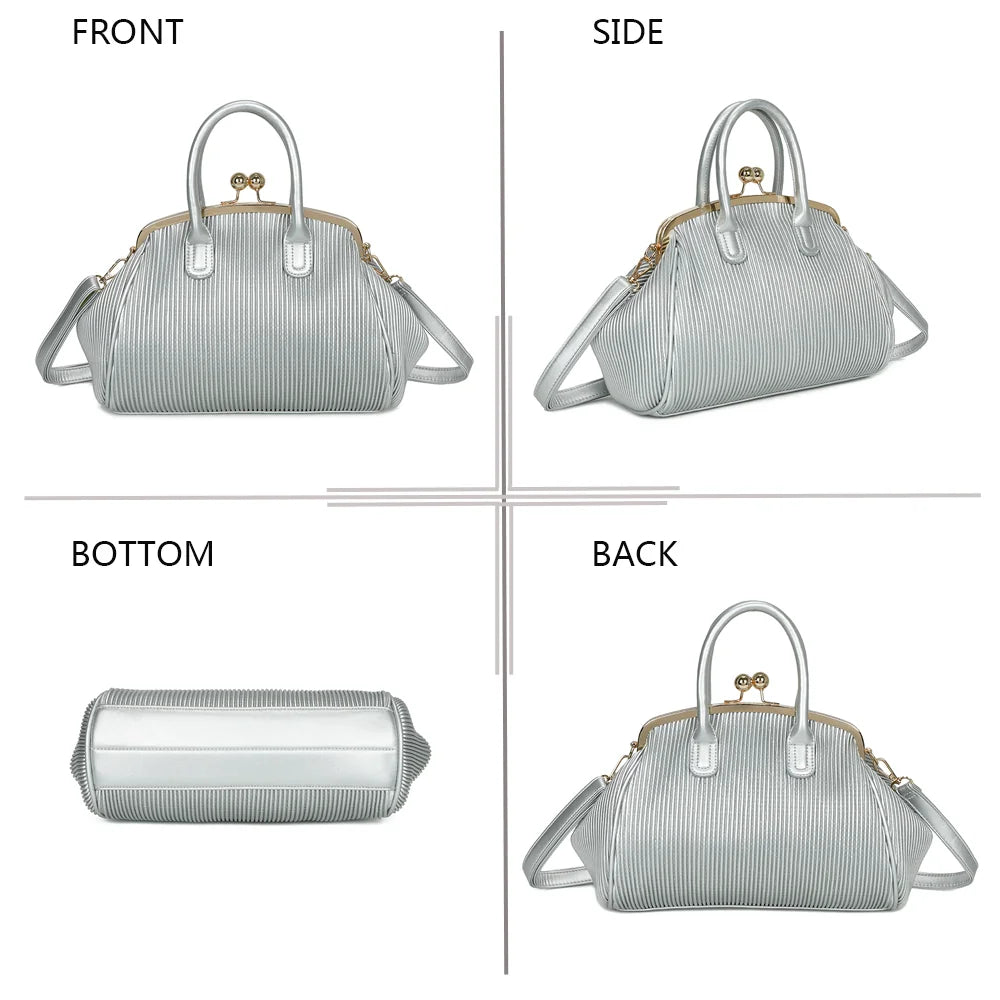 Gabrielle Retro argent sous quatre angles : face, côté, dessous et dos de ce sac au fermoir rétro – réf. R-1691-1