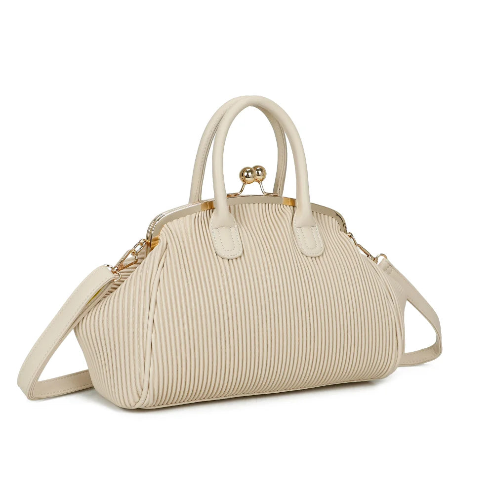 Gabrielle Retro beige de trois quarts : silhouette arrondie, côtés plissés et cadre métallique doré – réf. R-1691-1