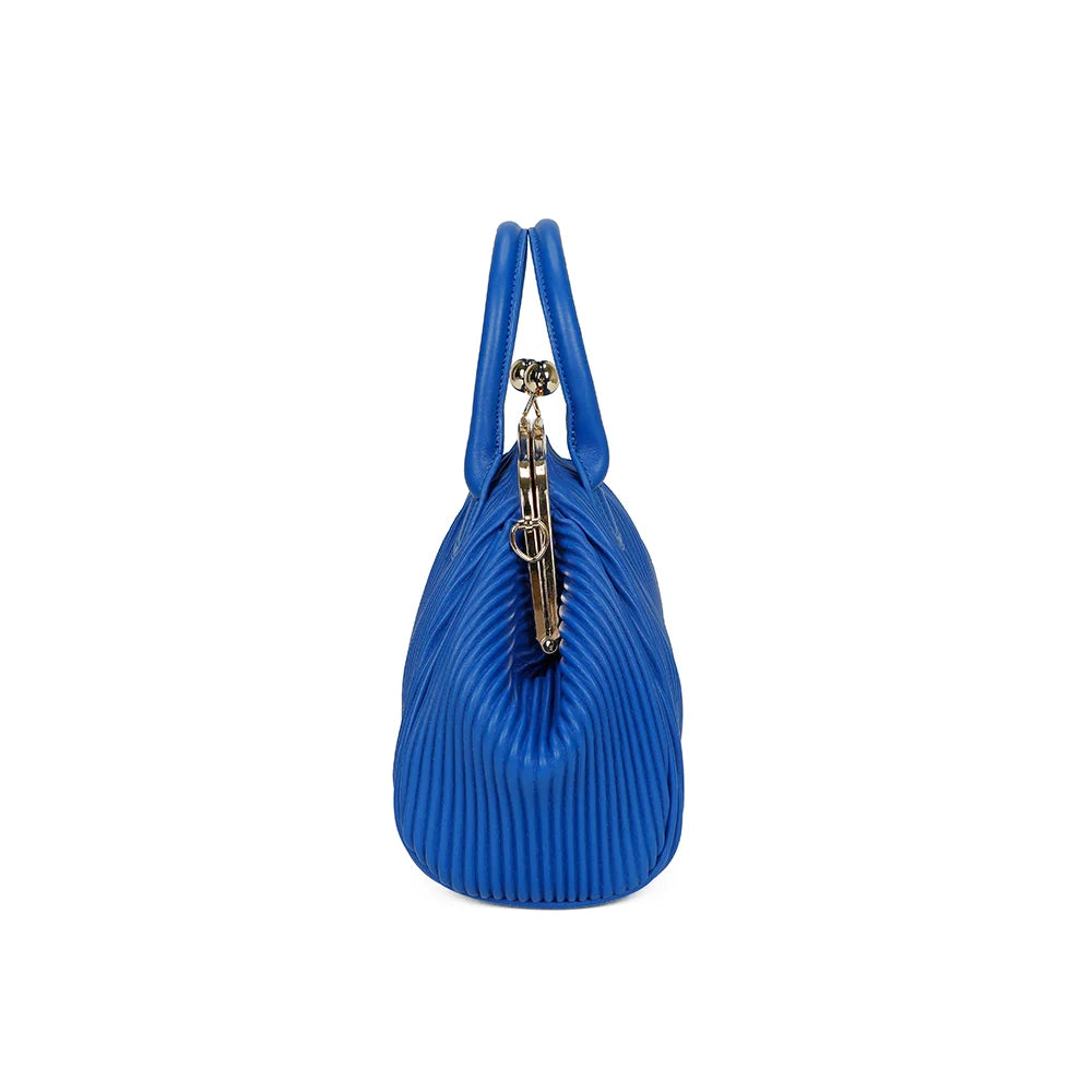 Gabrielle Retro bleu de profil : côtés évasés à fines rayures et attache dorée de la bandoulière – réf. R-1691-1