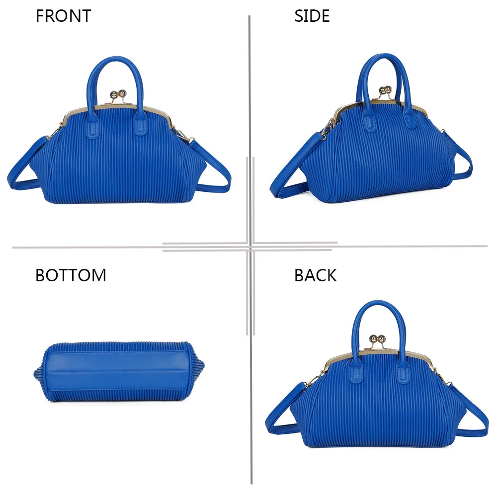 Gabrielle Retro bleu sous quatre angles : face, côté, dessous et dos de ce sac au fermoir rétro – réf. R-1691-1