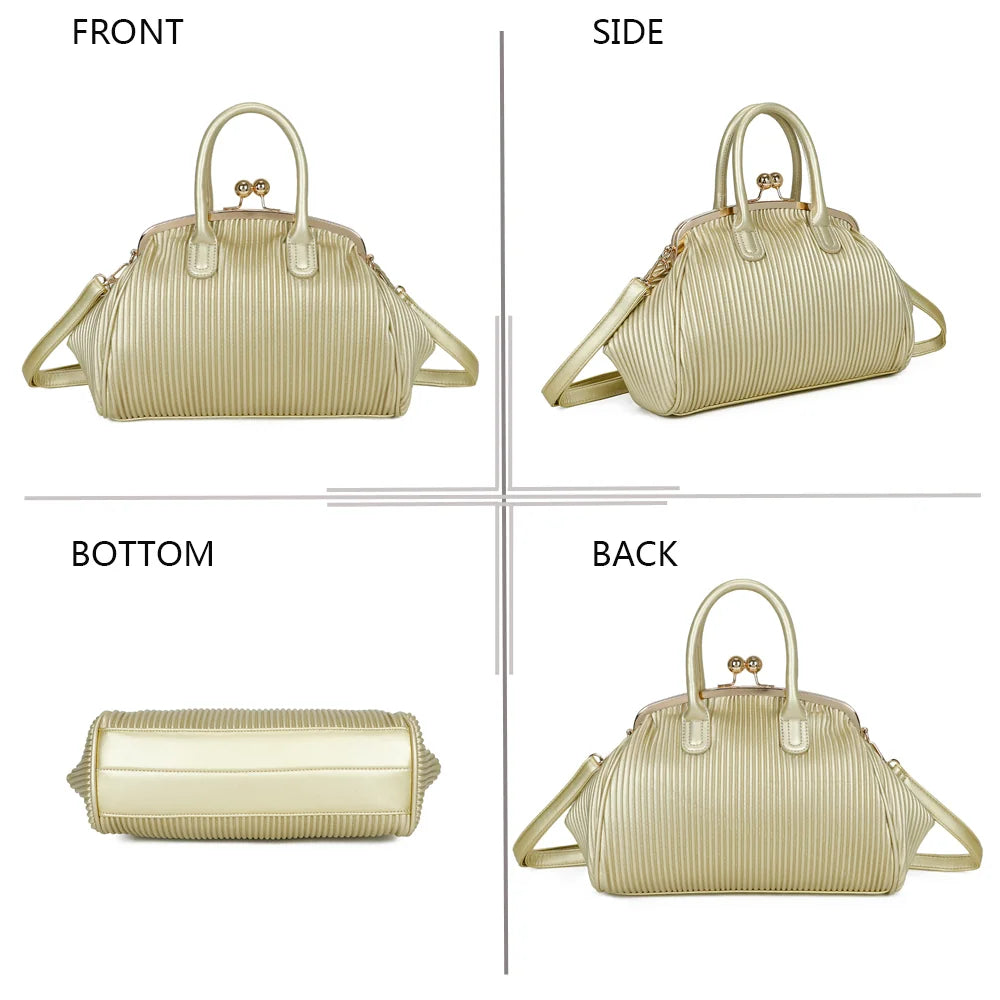 Gabrielle Retro or sous quatre angles : face, côté, dessous et dos de ce sac au fermoir rétro – réf. R-1691-1