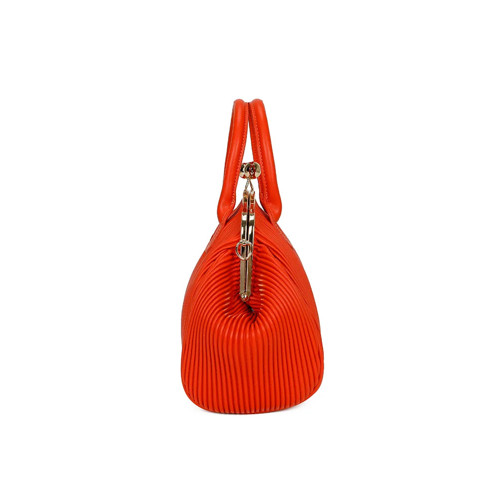 Gabrielle Retro orange de profil : côtés évasés à fines rayures et attache dorée de la bandoulière – réf. R-1691-1