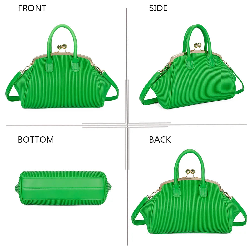 Gabrielle Retro vert sous quatre angles : face, côté, dessous et dos de ce sac au fermoir rétro – réf. R-1691-1