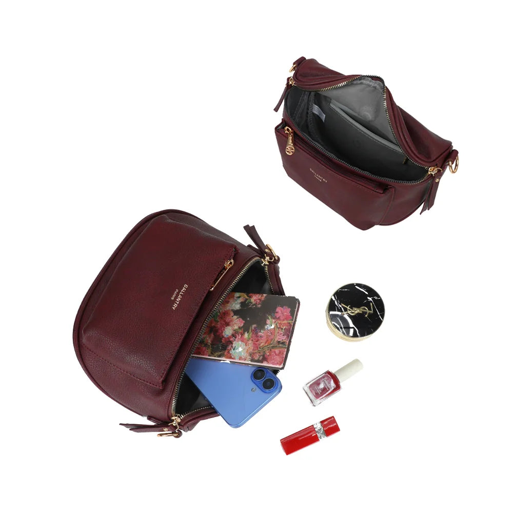Intérieur du Glamour bordeaux : compartiment zippé pour smartphone, petit carnet et essentiels beauté – réf. Z-83047
