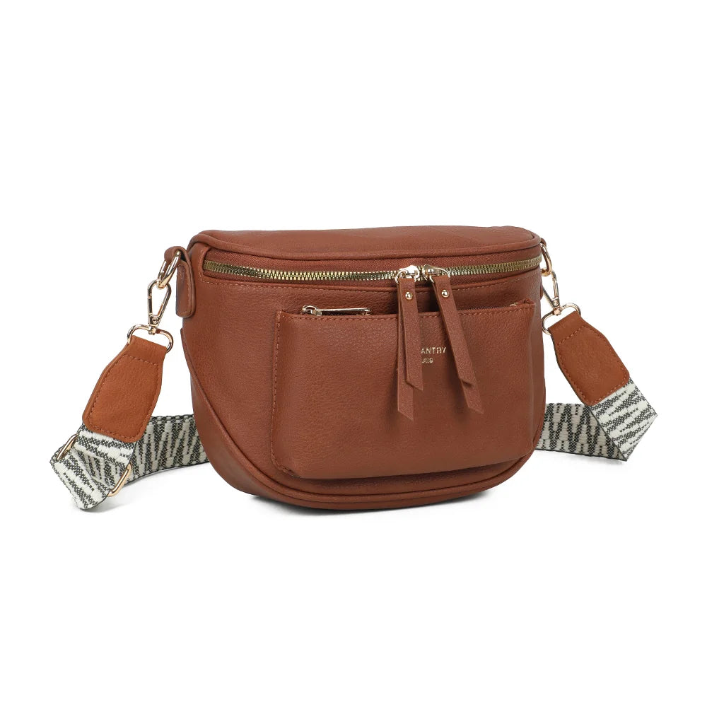 Glamour marron foncé de trois quarts : silhouette demi-lune et double curseur doré du zip principal – réf. Z-83047