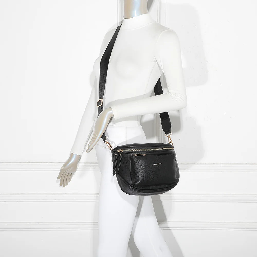 Sac banane femme Glamour noir porté en bandoulière, large sangle amovible réglable – réf. Z-83047