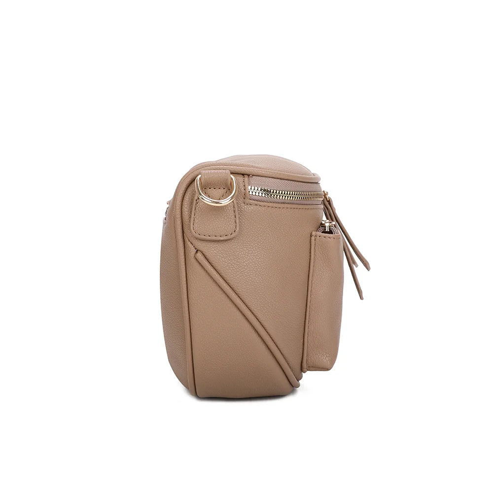 Profil du Glamour taupe foncé : format compact de 9 cm de profondeur, anneau doré pour la sangle – réf. Z-83047