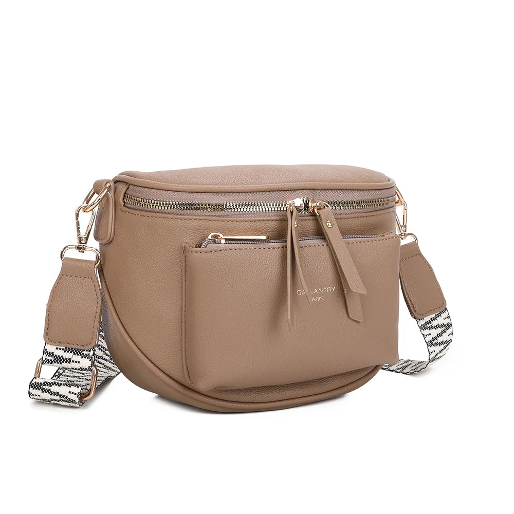 Glamour taupe foncé de trois quarts : silhouette demi-lune et double curseur doré du zip principal – réf. Z-83047