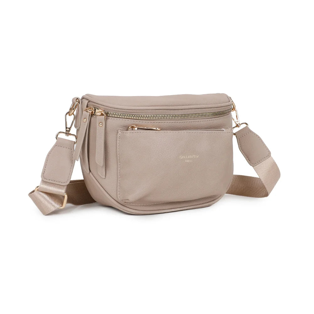Glamour taupe de trois quarts : silhouette demi-lune et double curseur doré du zip principal – réf. Z-83047