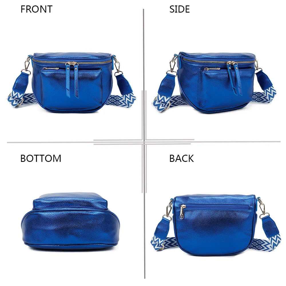 Glamour Shiny bleu electrique sous quatre angles : face, côté, dessous et dos de ce sac demi-lune brillant – réf. Z-83047-1
