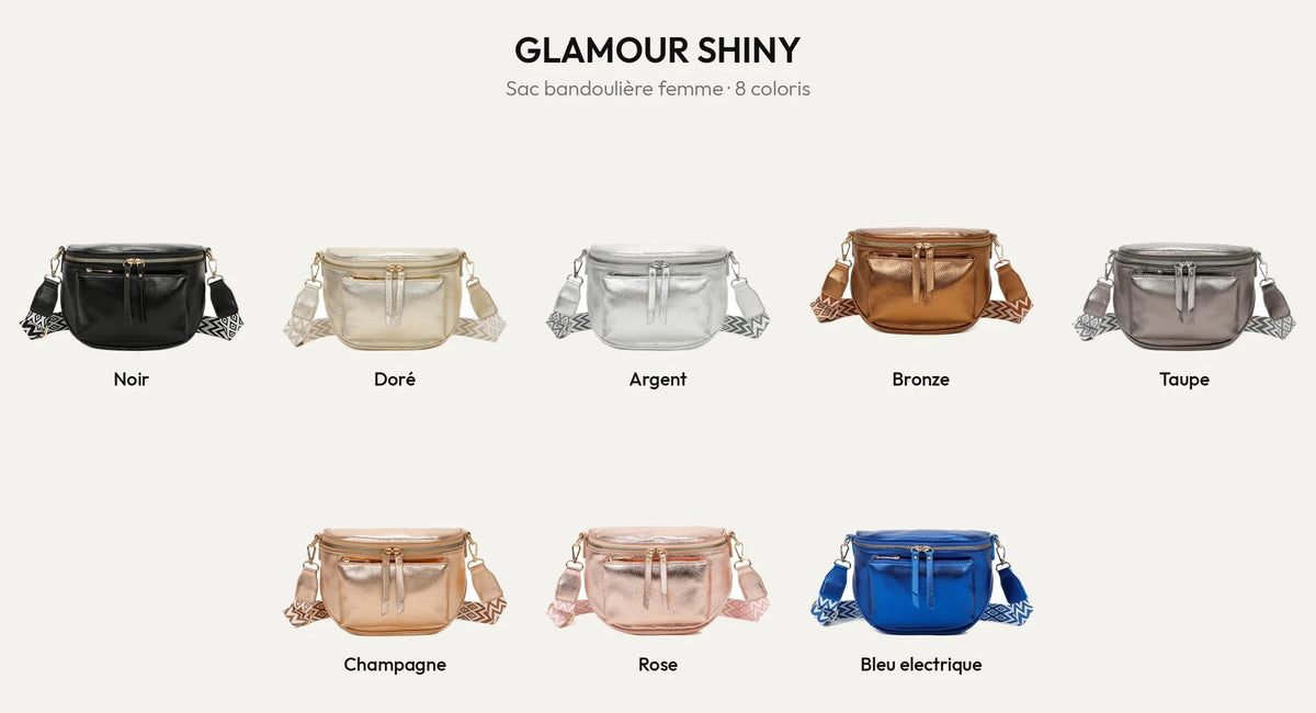 Sac bandoulière Glamour Shiny en simili cuir grainé brillant, 8 coloris – Gallantry Paris – réf. Z-83047-1