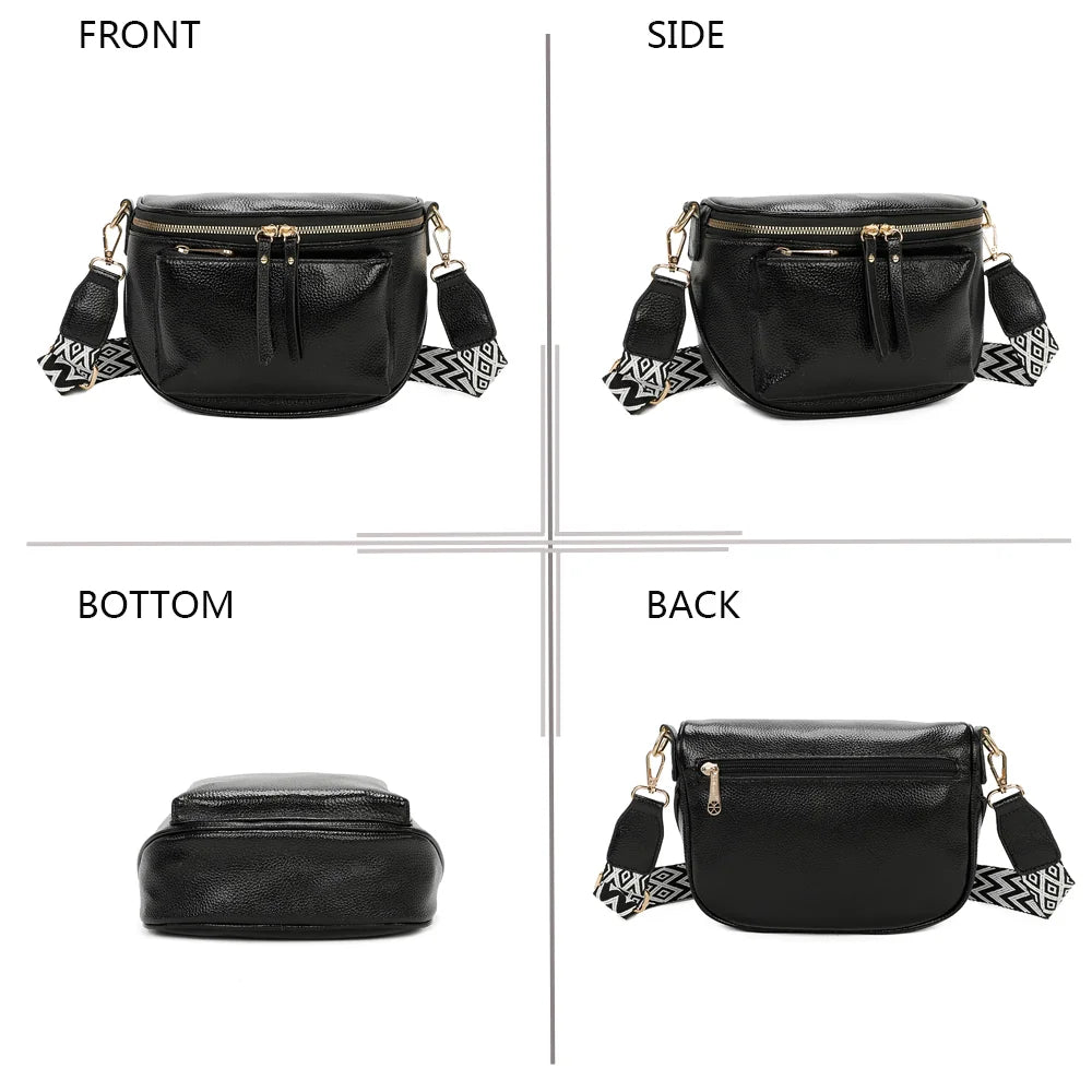 Glamour Shiny noir sous quatre angles : face, côté, dessous et dos de ce sac demi-lune brillant – réf. Z-83047-1