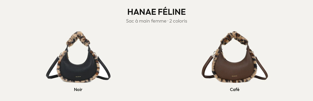 Sac à main demi-lune Hanae Féline en fausse fourrure léopard, coloris Noir et Coffee – Gallantry Paris – réf. A-9108