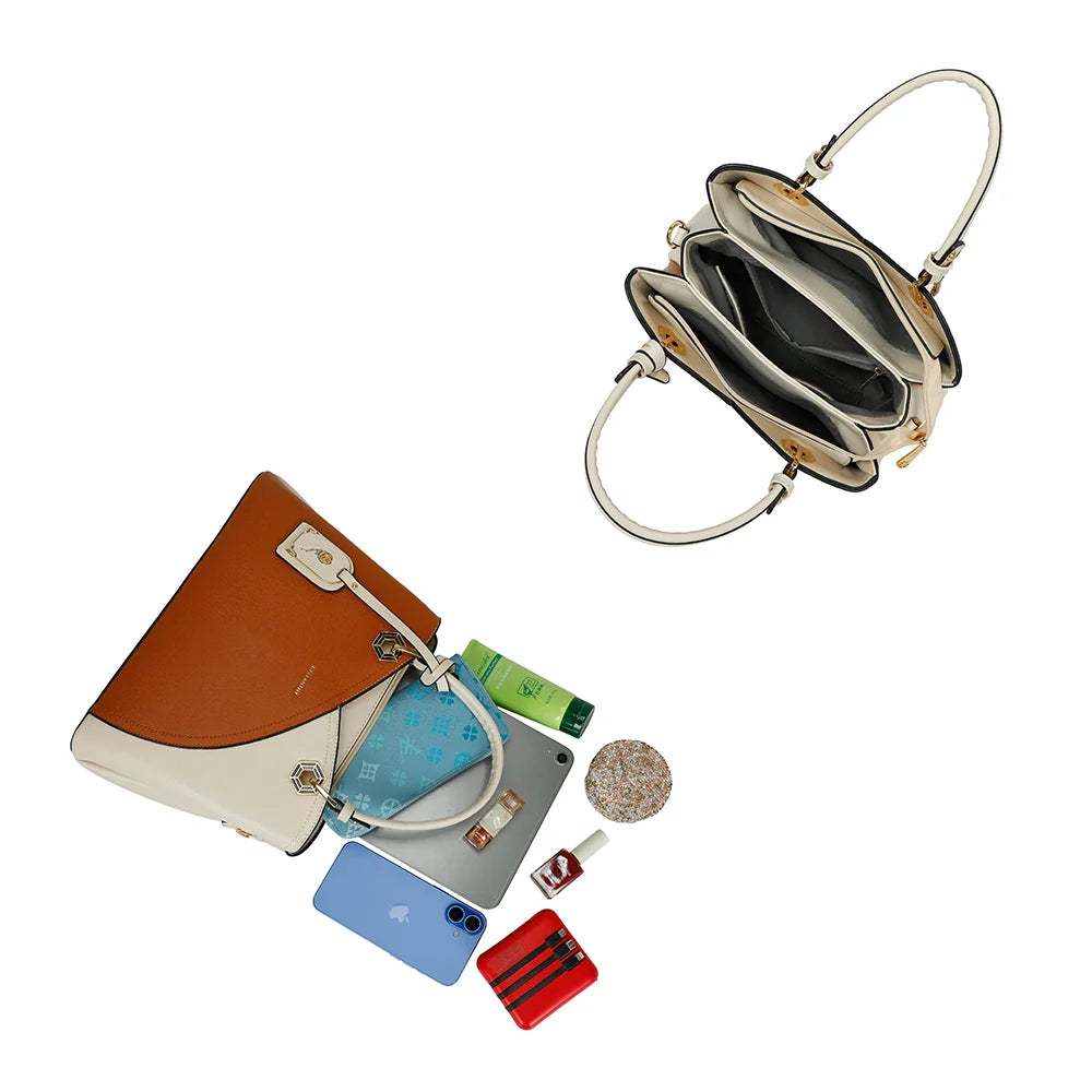 Intérieur de l’Harmonie Trio marron/beige : trois compartiments pour ranger téléphone, maquillage et tablette – réf. M-9431