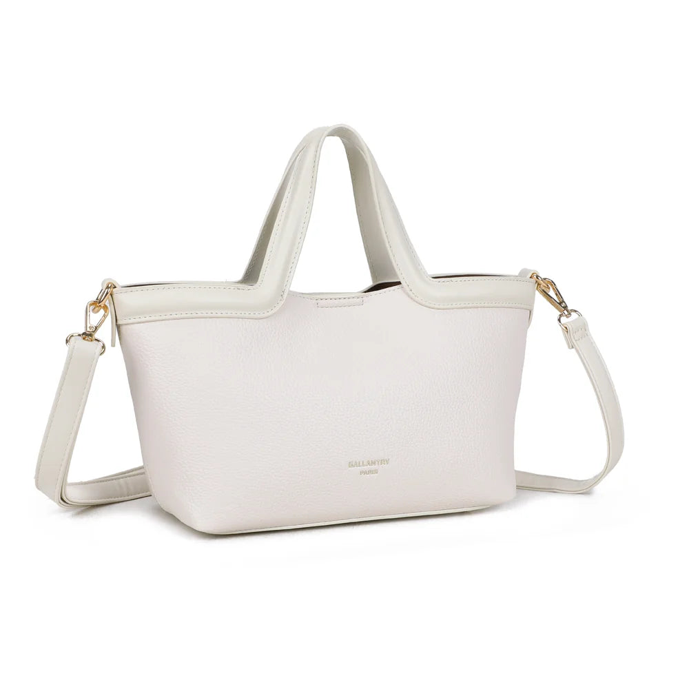 Horizon Duo beige vu de trois quarts : silhouette trapèze et bordure contrastante en haut du sac – réf. R-2038