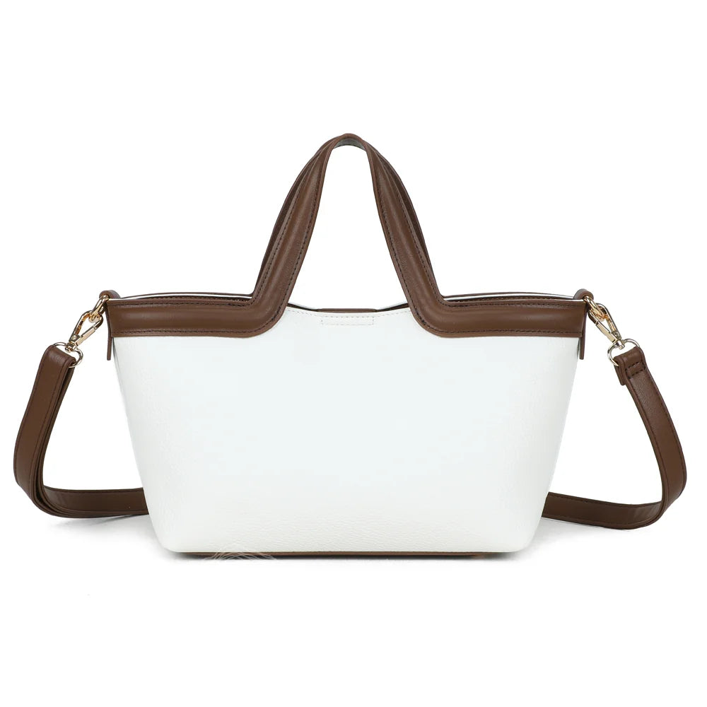 Dos du sac Horizon Duo blanc, simili cuir grainé et anses bicolores assorties à la bordure – réf. R-2038
