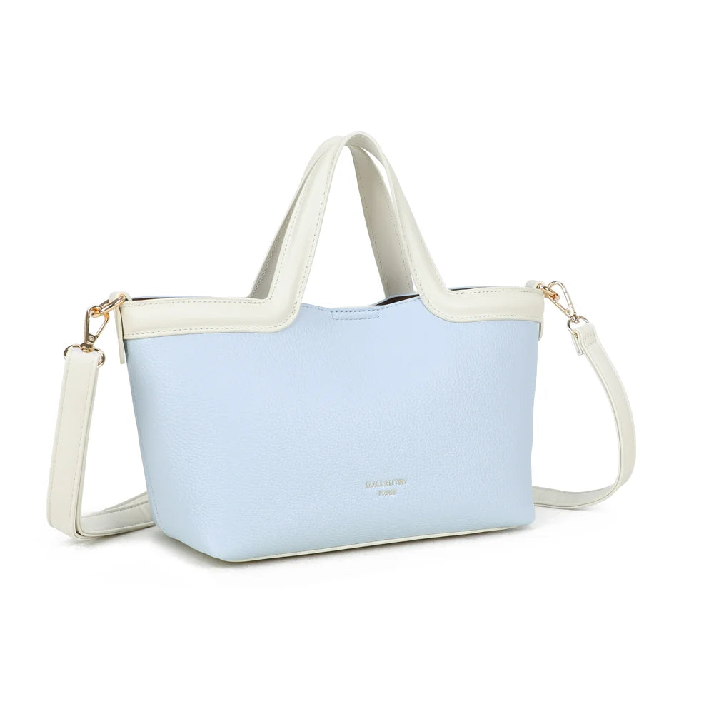 Horizon Duo bleu clair vu de trois quarts : silhouette trapèze et bordure contrastante en haut du sac – réf. R-2038