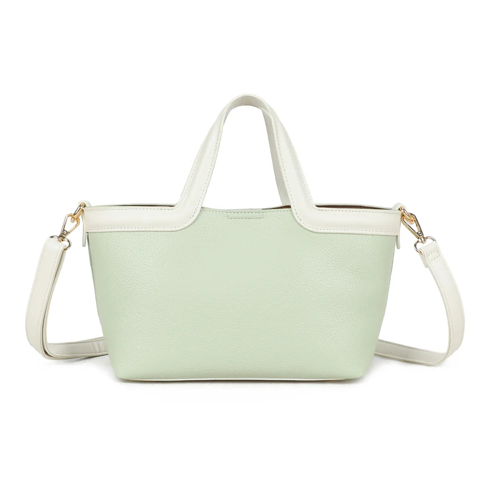 Dos du sac Horizon Duo vert clair, simili cuir grainé et anses bicolores assorties à la bordure – réf. R-2038