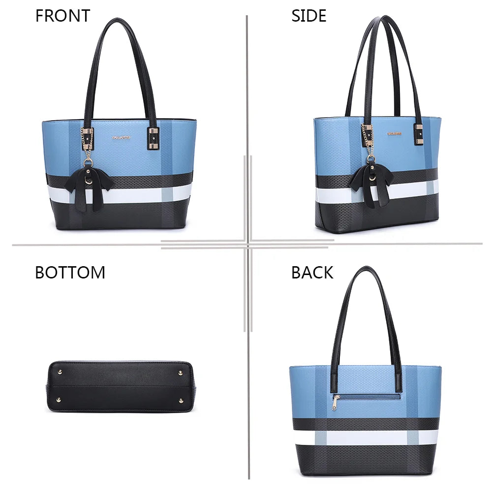 Jolie bleu sous quatre angles : face, côté, dessous et dos avec sa poche zippée – réf. M-7422