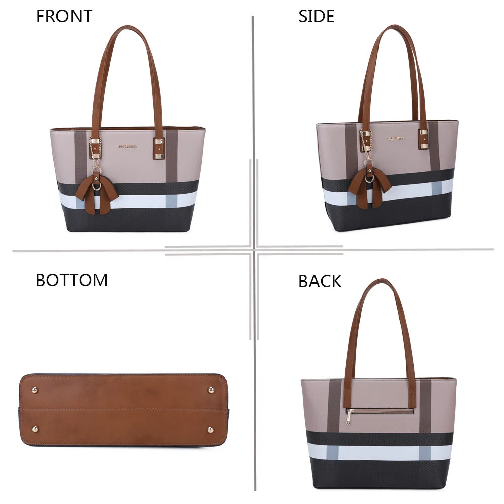 Jolie taupe/camel sous quatre angles : face, côté, dessous et dos avec sa poche zippée – réf. M-7422