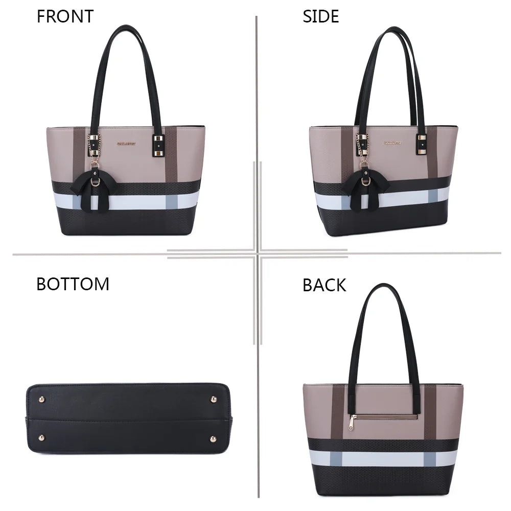 Jolie taupe/noir sous quatre angles : face, côté, dessous et dos avec sa poche zippée – réf. M-7422
