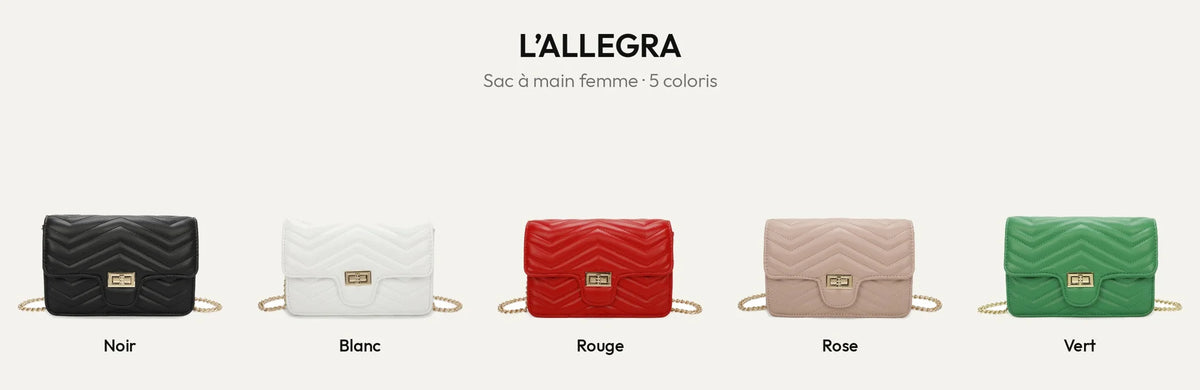 L’Allegra, sac à main femme matelassé en chevrons, en noir, blanc, rouge, rose et vert – Gallantry Paris – réf. C-0159