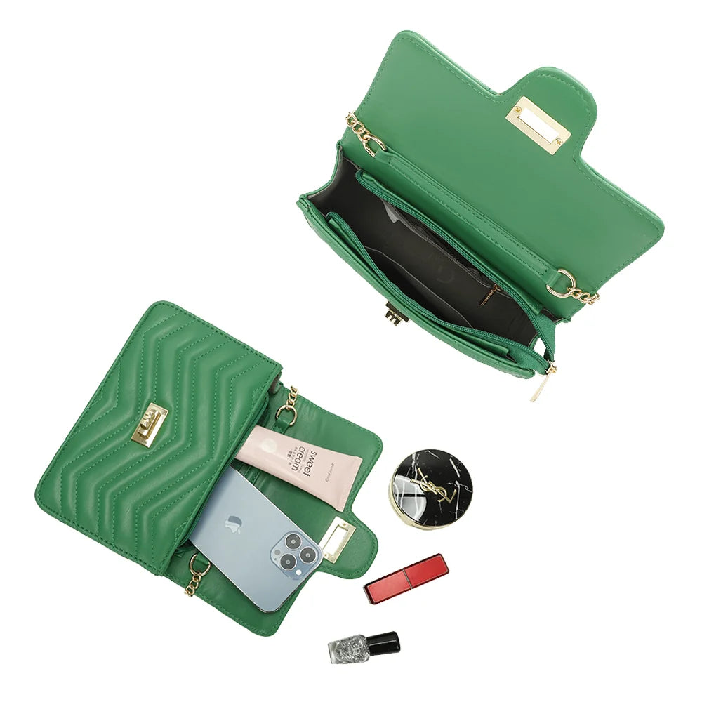 Intérieur de L’Allegra vert : compartiment principal et poche zippée pour le téléphone – réf. C-0159