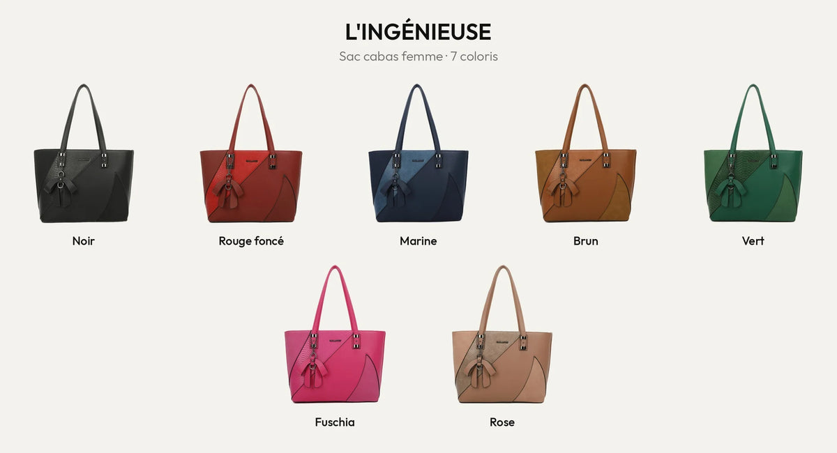 Sac cabas femme L'ingénieuse en simili cuir grainé, déclinaison des 7 coloris – Gallantry Paris – réf. M-9329-36