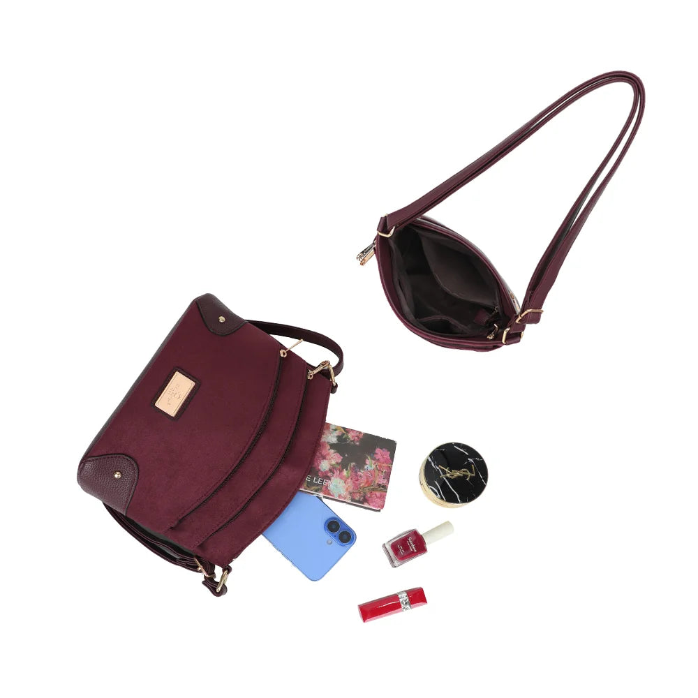 Intérieur du L'Organisé Chic bordeaux : compartiment zippé et rangements pour téléphone et maquillage – réf. M-9263-12