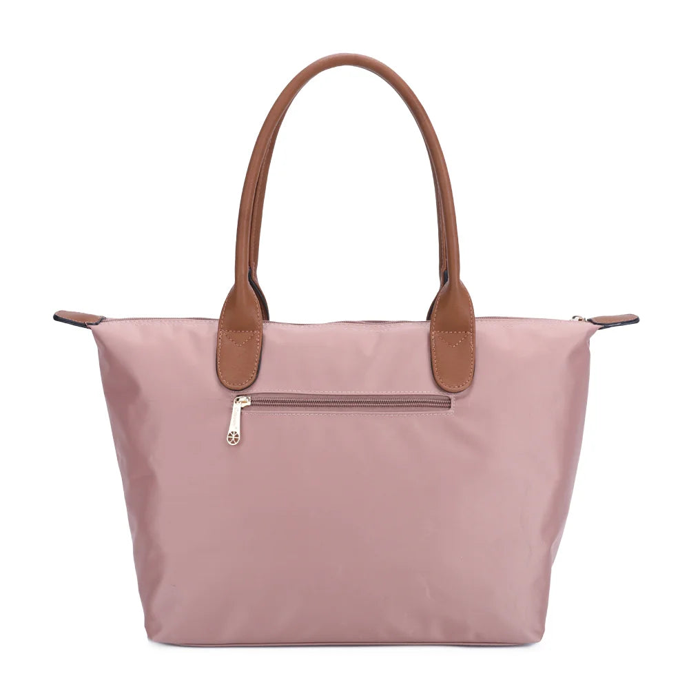 Dos de La Balade (Large) rose foncé en nylon, avec ses deux longues anses marron assorties – réf. Z-02