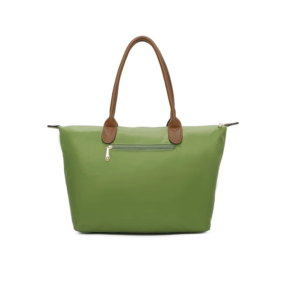 Dos de La Balade (Large) vert gazon en nylon, avec ses deux longues anses marron assorties – réf. Z-02
