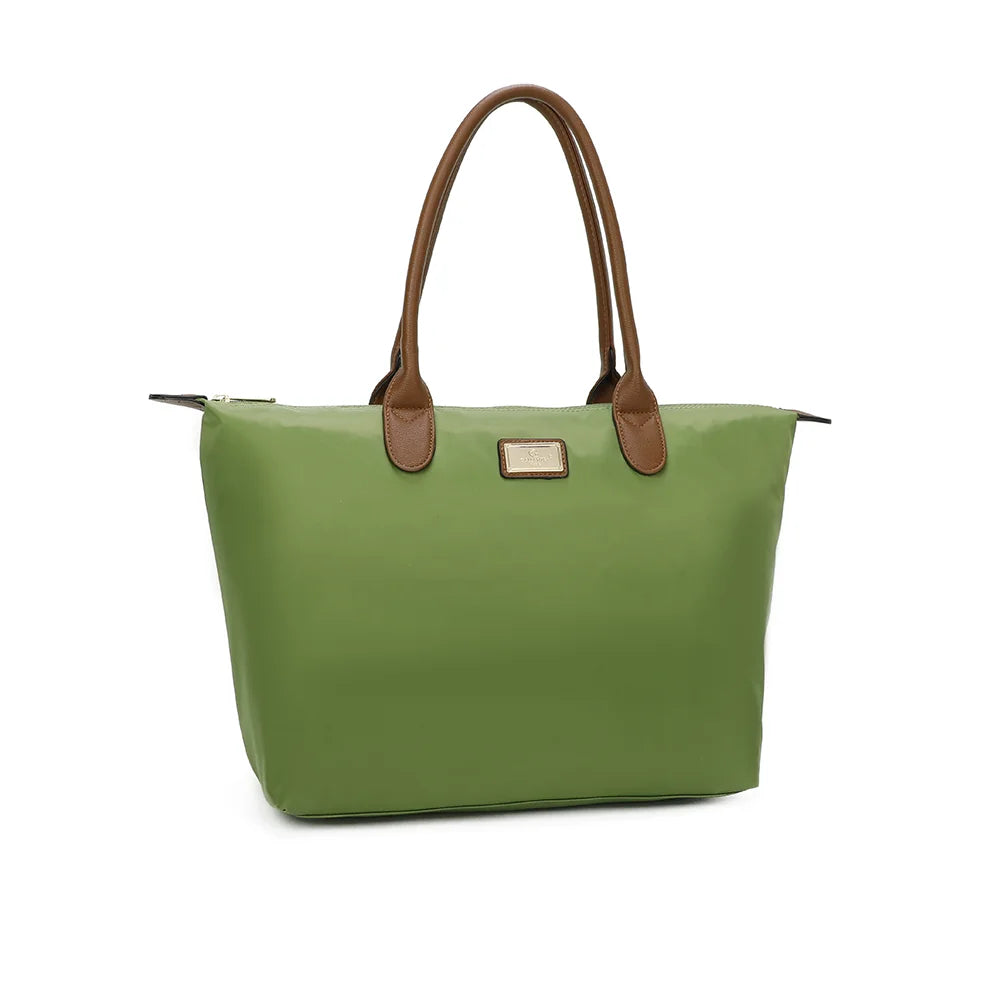 La Balade (Large) vert gazon vu de trois quarts : forme cabas évasée et pattes de zip marron surpiquées – réf. Z-02